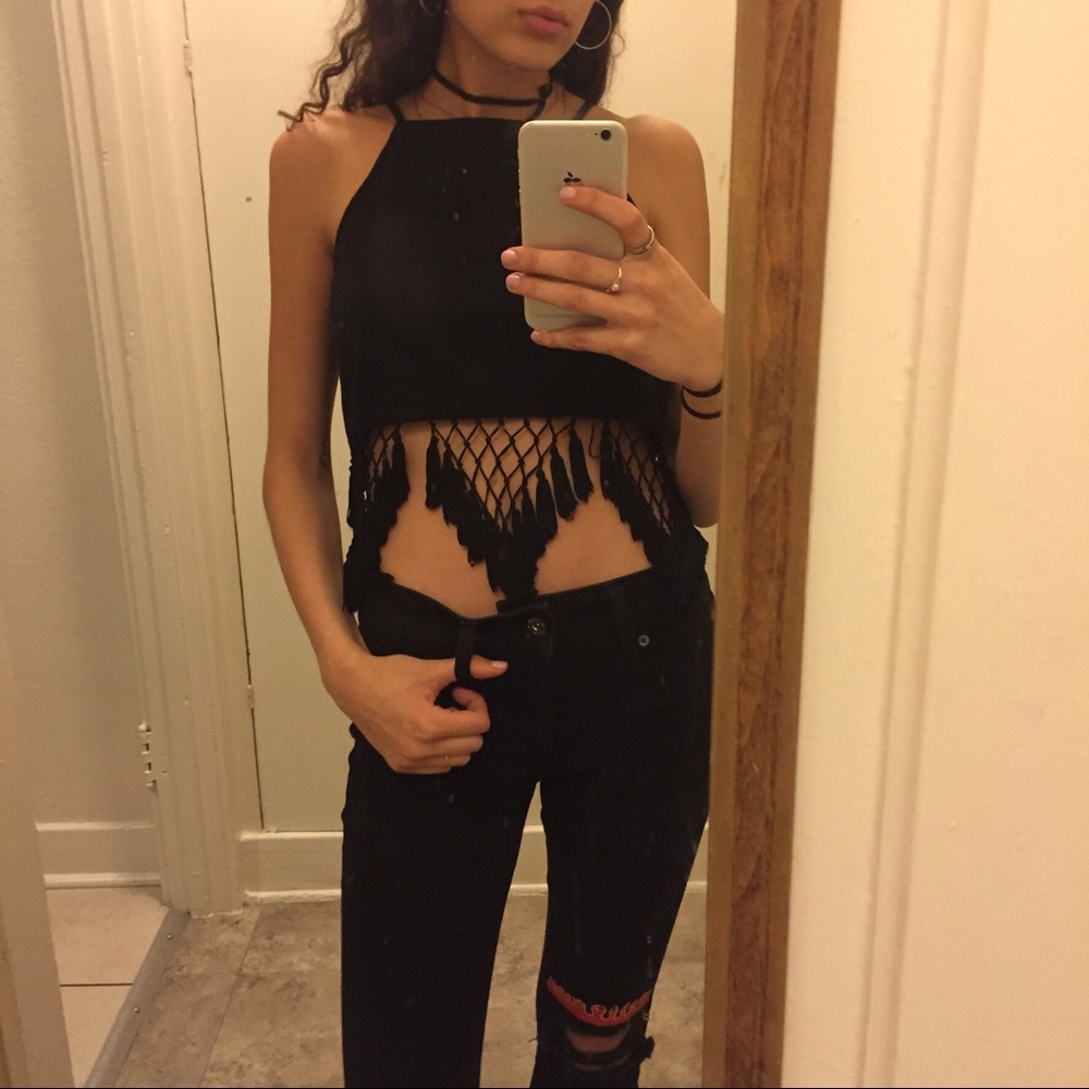Black Windsor crop top with fringe